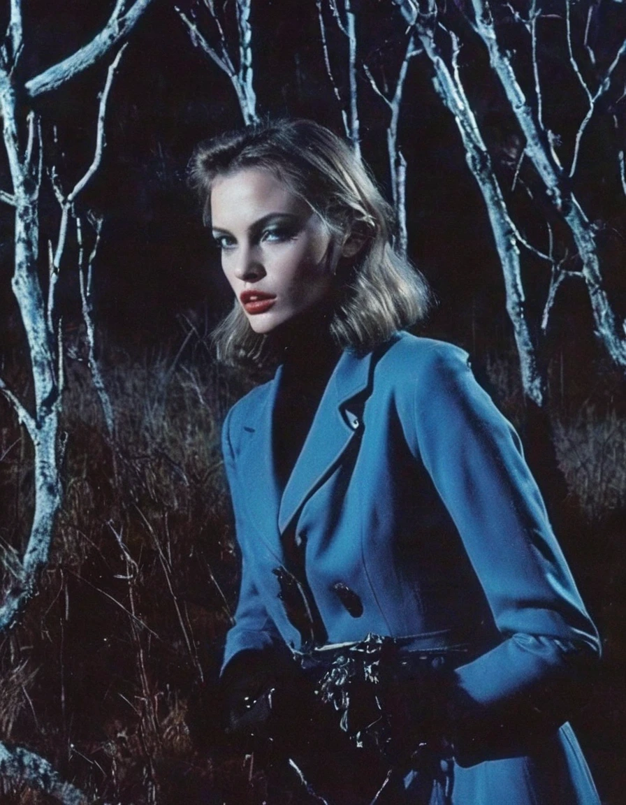 film photography, vintage, fashion photography of horror with 90s beautiful fashion model, blue night forest background