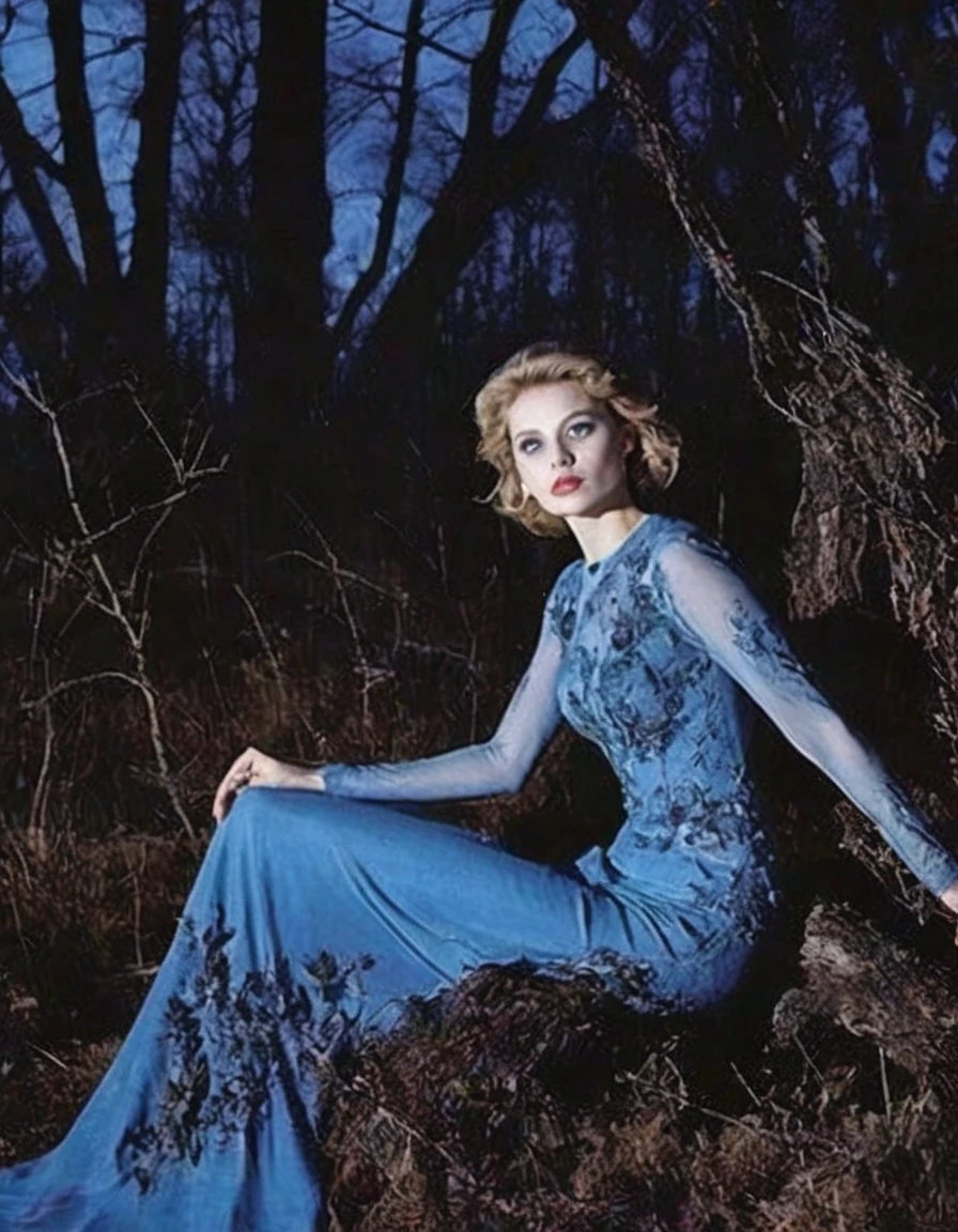 film photography, vintage, fashion photography of horror with 90s beautiful fashion model, blue night forest background