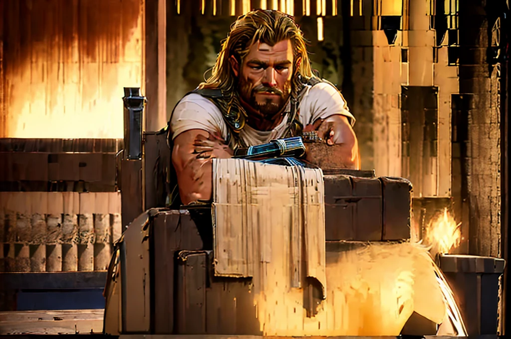 Produce an image with maximum quality and cinematic style portraying Thor in a humorous and relaxed way. Depict Thor sitting in an armchair, visibly relaxed and with an expression of fun on his face, as if he were slightly intoxicated. Place your hammer, Mjölnir, on a table next to it.