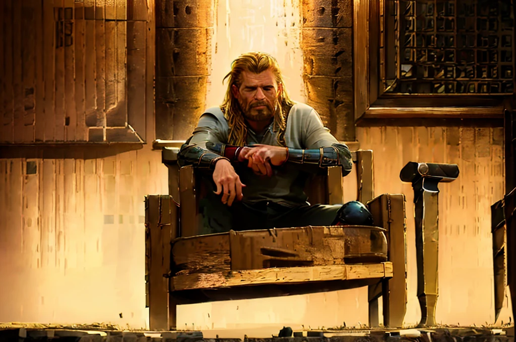 Produce an image with maximum quality and cinematic style portraying Thor in a humorous and relaxed way. Depict Thor sitting in an armchair, visibly relaxed and with an expression of fun on his face, as if he were slightly intoxicated. Place your hammer, Mjölnir, on a table next to it.