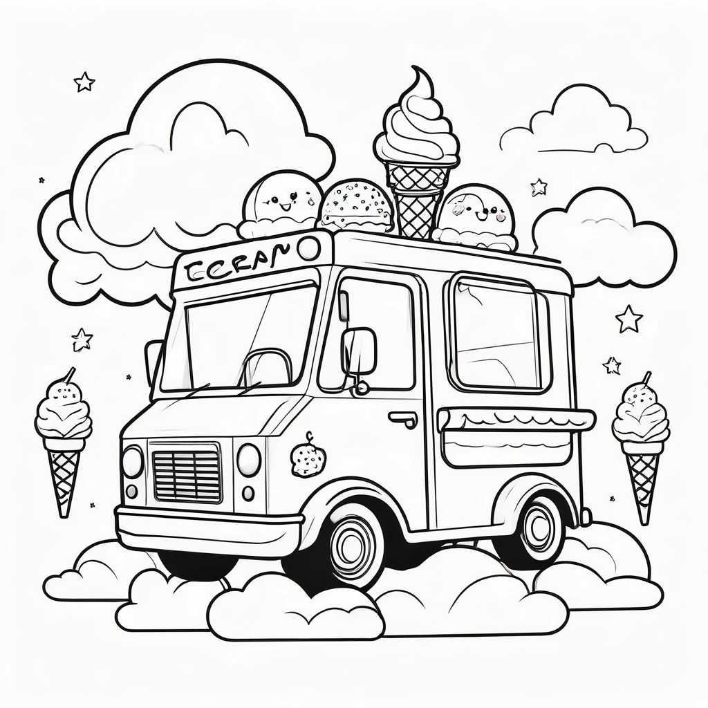 Cute ice cream truck, coloring page for kids, happy, smiling,cloud, vector art, minimalistic, vector 2d, black lines white background, coloring page for beginners, vector illustration, pencil strokes, no color, drawing for coloring, white background, pixar style, black and white