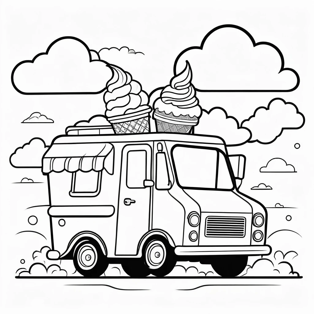 Cute ice cream truck, coloring page for kids, happy, smiling,cloud, vector art, minimalistic, vector 2d, black lines white background, coloring page for beginners, vector illustration, pencil strokes, no color, drawing for coloring, white background, pixar style, black and white