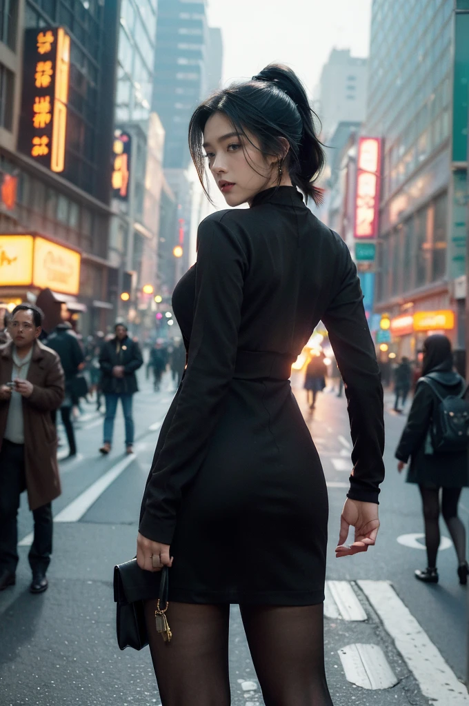 (((best quality))),(((ultra detailed))),(((masterpiece))),illustration,1girl,slim,vibrant cotton dress,short ponytail,pantyhose,standing, bustling city streets, honking cars,surrounded by crowded crowds, colorful advertisements,enjoying sights and sounds,(dark black skin:1.5),(day scene:1.3),upper body,from front,bare back,towering hips,butt crack,sunshine