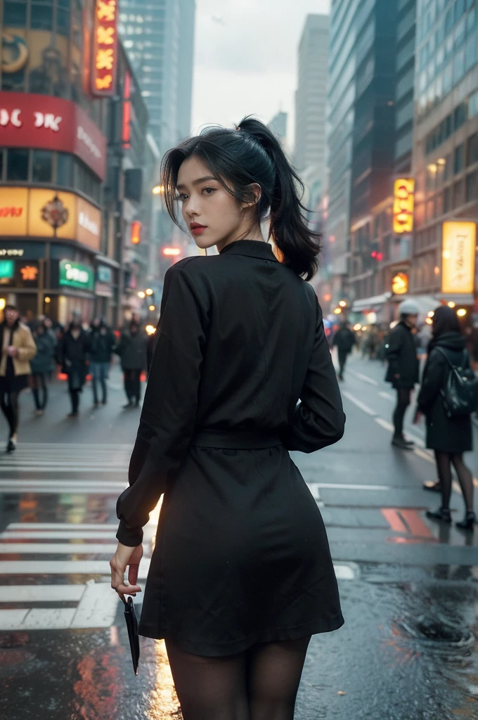 (((best quality))),(((ultra detailed))),(((masterpiece))),illustration,1girl,slim,vibrant cotton dress,short ponytail,pantyhose,standing, bustling city streets, honking cars,surrounded by crowded crowds, colorful advertisements,enjoying sights and sounds,(dark black skin:1.5),(day scene:1.3),upper body,from front,bare back,towering hips,butt crack,sunshine