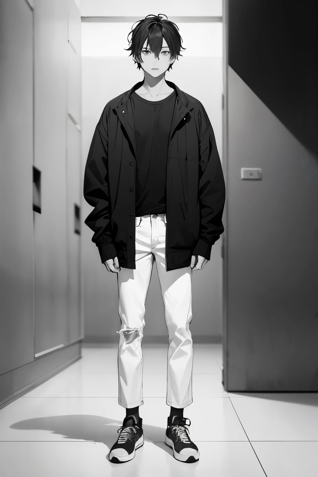 1boy, Ekkarit Masiha, black hair, blue eyes, black Shirt, black jacket, White Jeans, White Shoe, full body, standing, collarbone, monochrome, full body, greyscale, male focus, nude, clenched hands, bald, no nipples