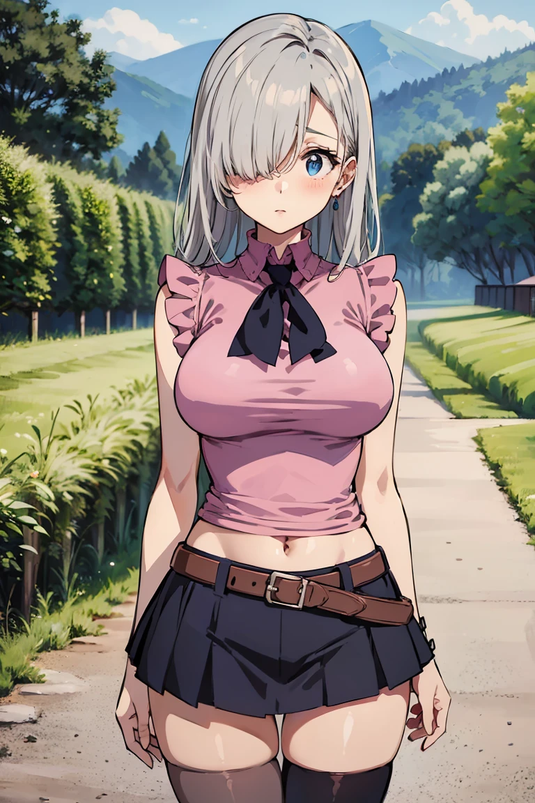 masterpiece, best quality, highres, Elizabeth, 1girl, jewelry, single thighhigh, silver hair, hair over one eye, midriff, black skirt, asymmetrical legwear, pink shirt, black thighhighs, belt, miniskirt, landscape, standing, standing, portrait, upper body