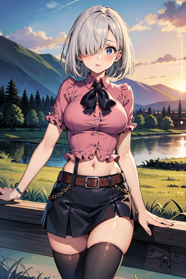 masterpiece, best quality, highres, Elizabeth, 1girl, jewelry, single thighhigh, silver hair, hair over one eye, midriff, black skirt, asymmetrical legwear, pink shirt, black thighhighs, belt, miniskirt, landscape, standing, standing, portrait, upper body