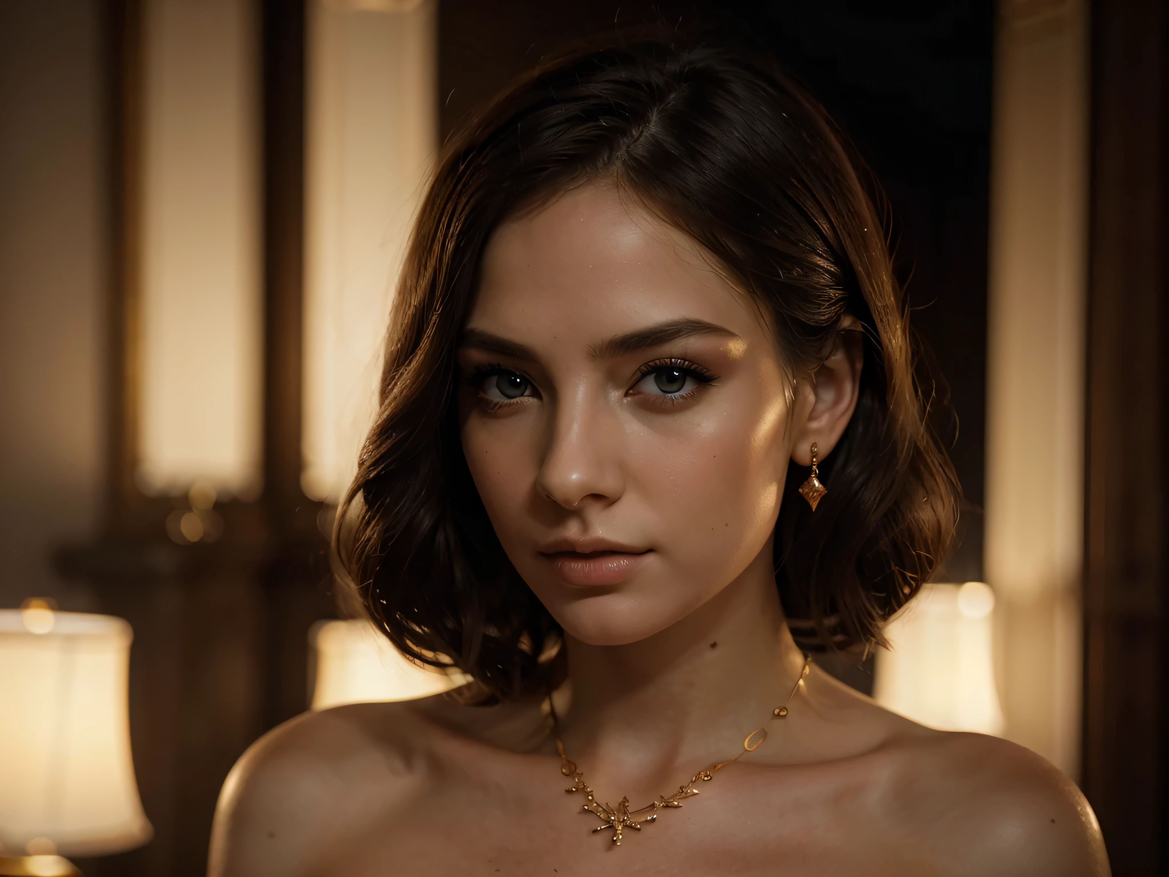 A chiaroscuro portrait of a woman, beautiful detailed eyes, beautiful detailed lips, extremely detailed eyes and face, long eyelashes, porcelain skin, elegant hairstyle, intricate jewelry, dramatic lighting, Renaissance style, dramatic shadows, warm golden tones, dramatic chiaroscuro lighting, ultra-detailed, 8k, photorealistic, masterpiece, cinematic, dramatic atmosphere, elegant and regal