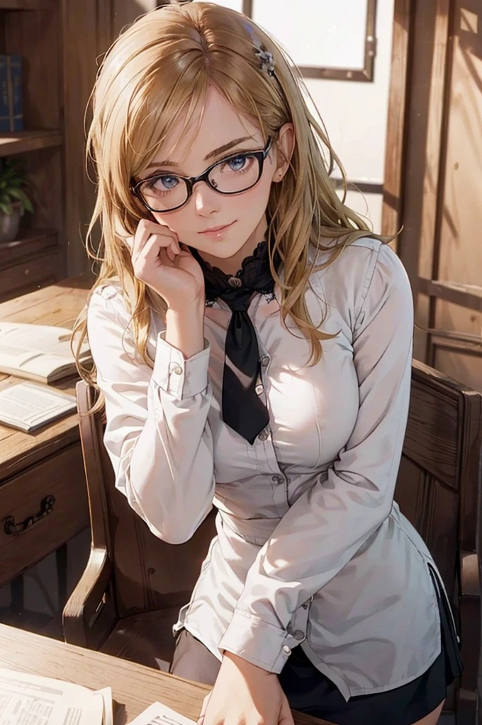 Masterpiece, 最high quality, high quality, High resolution, high quality texture, high quality shadows, High resolution, Beautiful details, Detailed CG, Detailed Texture, Realistic representation of face, Realistic, colorful, delicate, Cinematic Light, Side light, Lens flare, Ray Tracing, sharp concentrated, (1 Girl,concentrated:1.3), ( Intricate details, compensate, PureErosFaceV1:0.5), (細部まで美しいdelicateな顔, 緻密で美しいdelicateな瞳, Perfect Facial Proportions, Dense skin, Optimal ratio of four fingers to one thumb, Arms under chest, Modest chest, Wide Hips, Smooth upper abdomen, 30 years old, blue eyes, glasses,cabin attendant uniform,white blouse,tight fitting black skirt,black stockings, excellent secretary ,working as a secretary, wooden desk, wooden chair, house wife, the gaze of true love, lips of temptation, A look full of compassion ,a smile full of love, i love you, Acting lovey-dovey, air fortress hair, blonde hair, I love you so much I'm crazy,i love you