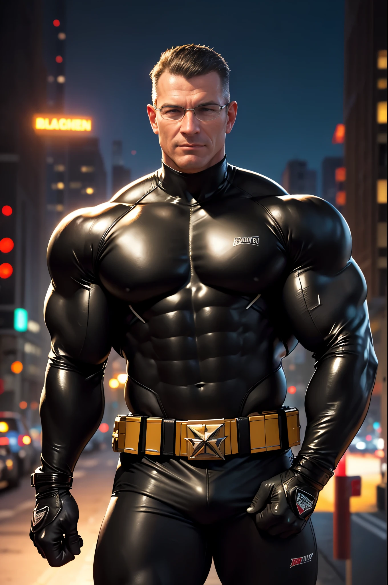 analog style, masterpiece, best quality, highres, realistic, cinematic portrait of Robert Irvine as a smug young handsome extremely muscular superhero bodybuilder with black hair wearing a black leather wetsuit with leather gloves and a utility belt, background a city, high detail, sharp focus, detailed background, vivid colours, steroids, heartthrob, daddy, powerful chest, smirk