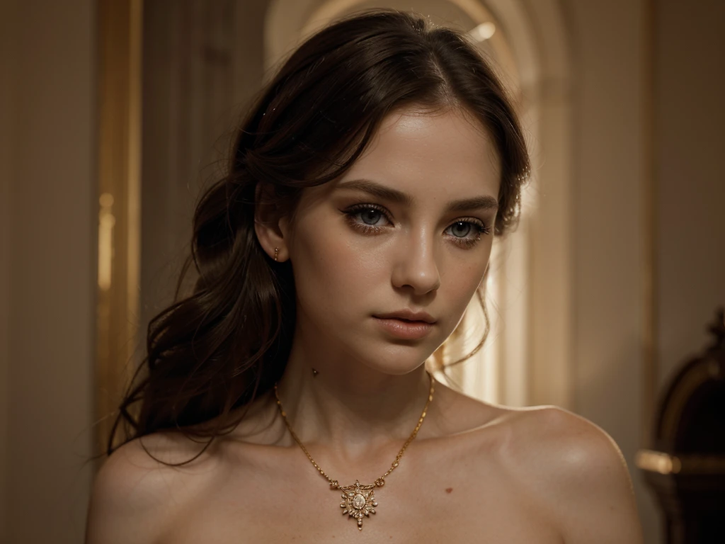 A chiaroscuro portrait of a woman, beautiful detailed eyes, beautiful detailed lips, extremely detailed eyes and face, long eyelashes, porcelain skin, elegant hairstyle, intricate jewelry, dramatic lighting, Renaissance style, dramatic shadows, warm golden tones, dramatic chiaroscuro lighting, ultra-detailed, 8k, photorealistic, masterpiece, cinematic, dramatic atmosphere, elegant and regal
