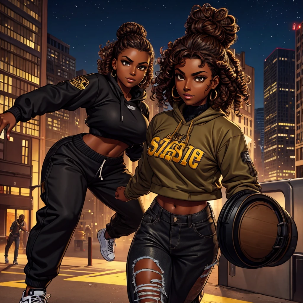 Curly brown hair, bun, dark skin, black eyes, streetwear fashion, smug, fight scene, city, nightime