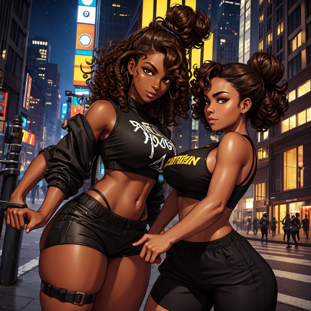 Curly brown hair, bun, dark skin, black eyes, streetwear fashion, smug, fight scene, city, nightime