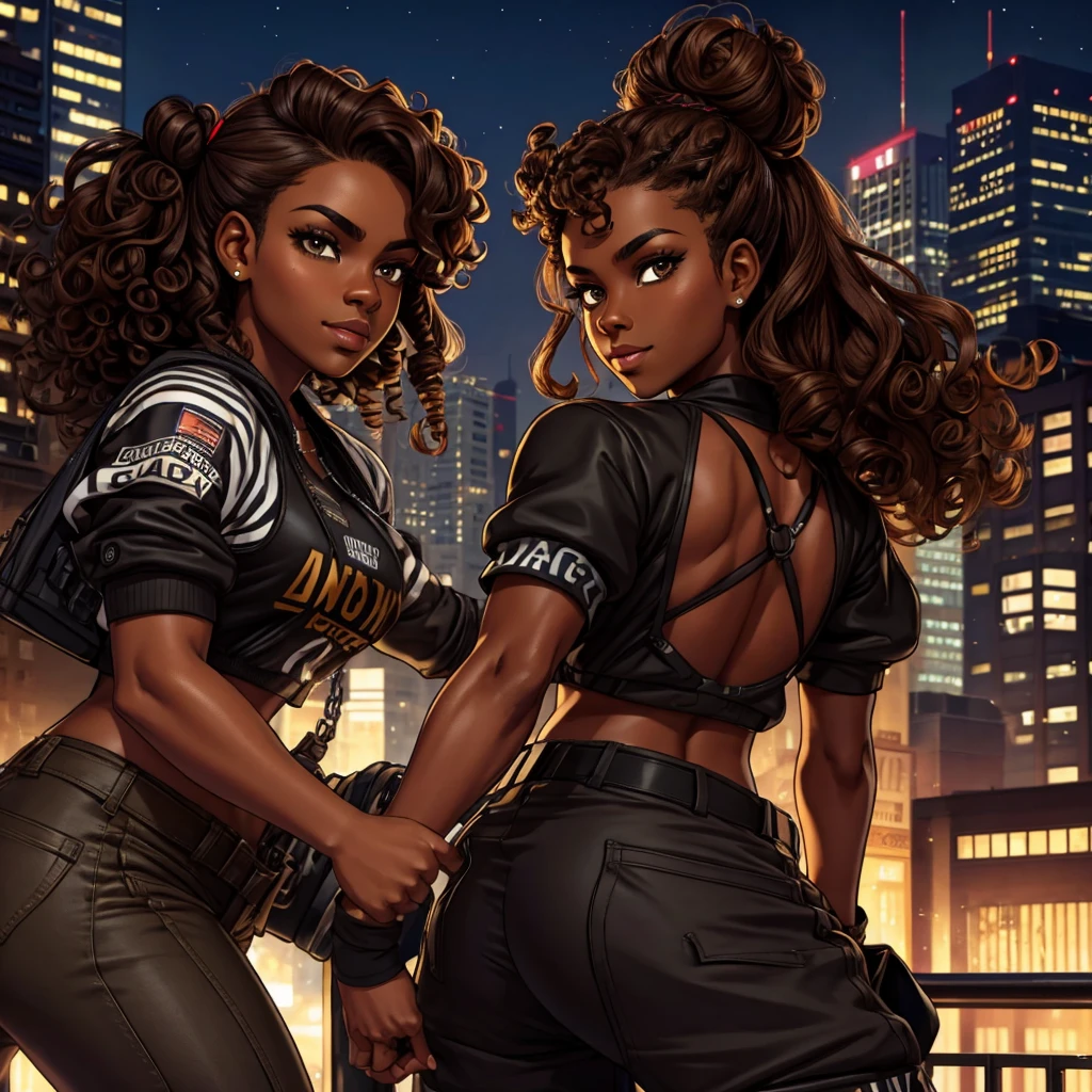 4K Quality, grinning, sexy pose, (black plaid skirt), standing up, ((black and red braids)), (dark skinned), thick thighs, big breasted, big ass, looking at viewer, amber eyes, night time, bedroom eyes, full body, city background, perfect face, perfect body, perfect eyes, full lips, close up full body shot,