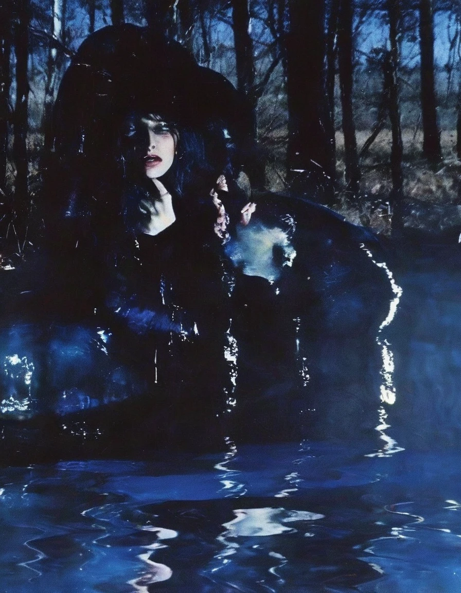 film photography, vintage, fashion photography of horror, 90s beautiful fashion model in black water, blue night forest background