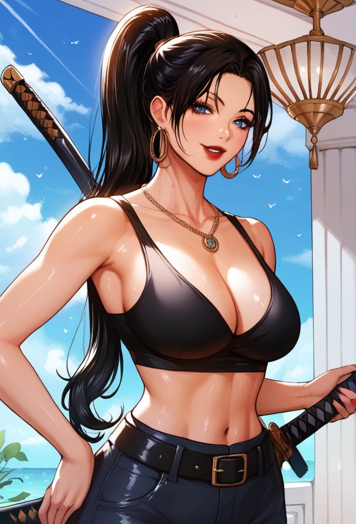 
Hot sexy beautiful hunter women , detailed lips rings,blue eyes,  detailed , big chandelier earrings , alluring face, necklace , red lipstick  ,black hair, smiling,katana on waist,katana belt,hair ponytail,black crop top,black sports saggy pant