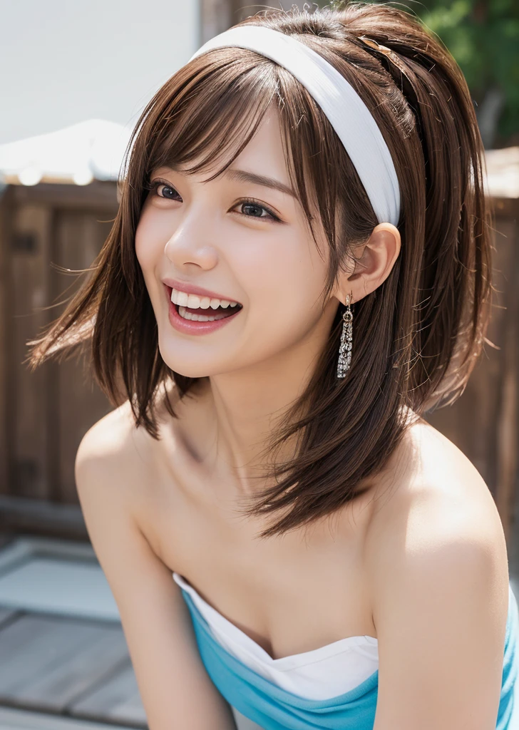 profile、Turned around、Butt,Flat Chest、(Slim body)、((Slim body))、Long Hair,Straight Bangs,Embarrassing,masterpiece,diamond、Earrings,background of fantasy,(((Brown Hair)))、 hair ornaments,Headband,Brown Hair, White T-shirt、hot pants、Sports towel draped over shoulders、Bring a sports towel、Perfect lighting, Extremely detailed CG, (Perfect hands, Perfect Anatomy),Laughing with your mouth open、live house、Cowboy Shot、