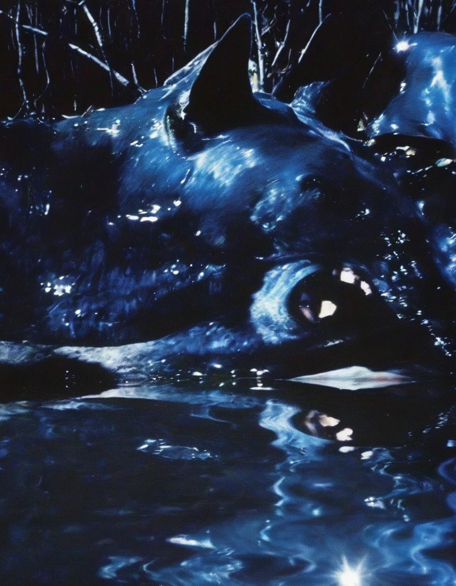 panther in the water, night forest background
