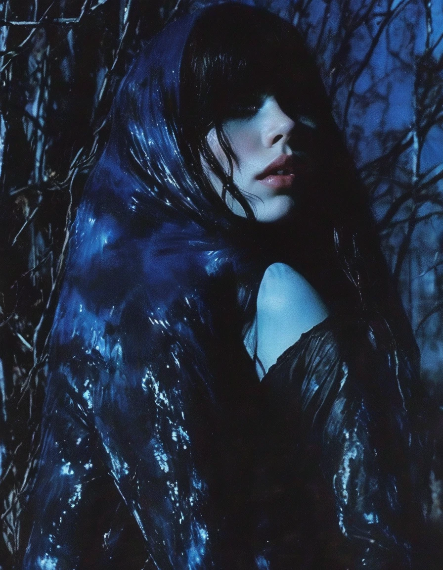 film photography, vintage, fashion photography of horror, close up photo of 90s beautiful fashion model in black water, blue night forest background