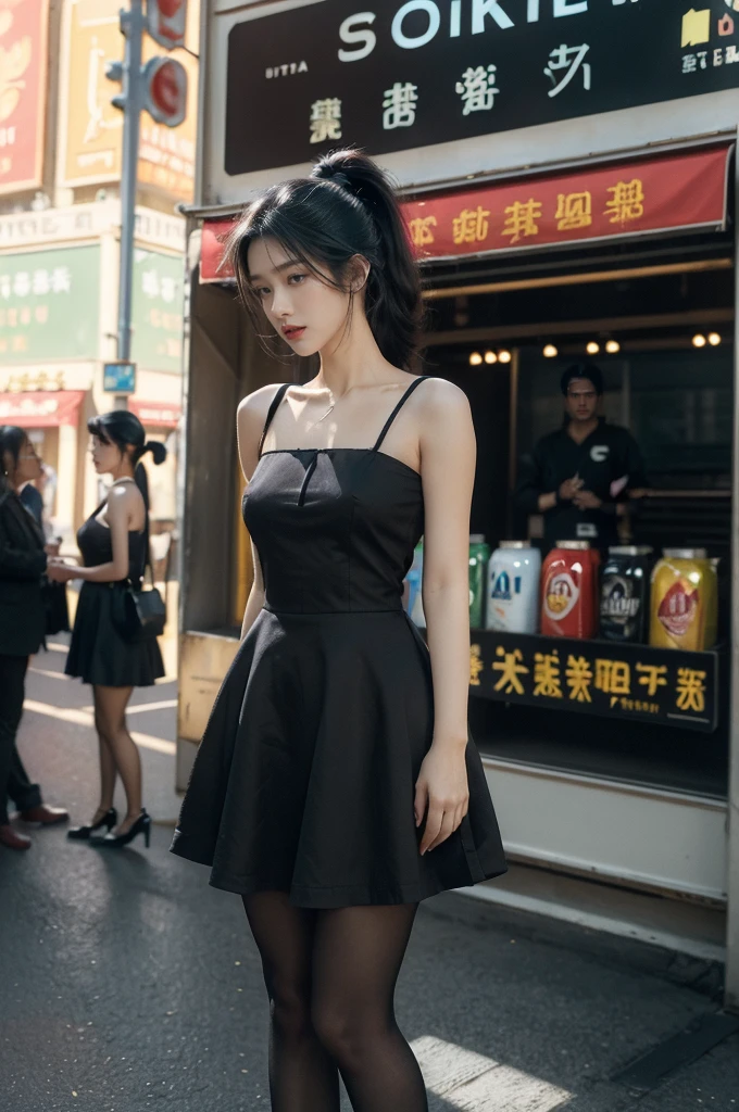 (((best quality))),(((ultra detailed))),(((masterpiece))),illustration,1girl,slim,vibrant cotton dress,short ponytail,flat chest,pantyhose,standing, bustling city streets, honking cars,surrounded by crowded crowds, colorful advertisements,enjoying sights and sounds,(dark black skin:1.5),(day scene:1.3),upper body,arms behind back,sunshine