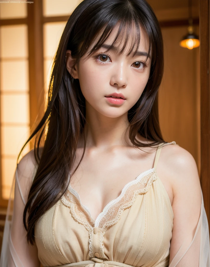 best quality, face focus, soft light, ultra high res, (photorealistic:1.4), RAW photo,
1japanese girl, solo, cute, (pupil, lights in the eyes),  detailed beautiful face, (small chest),(high resolution detail of human skin texture),
(long hair),
indoor,
Damask Shirt Dress,
(portrait)