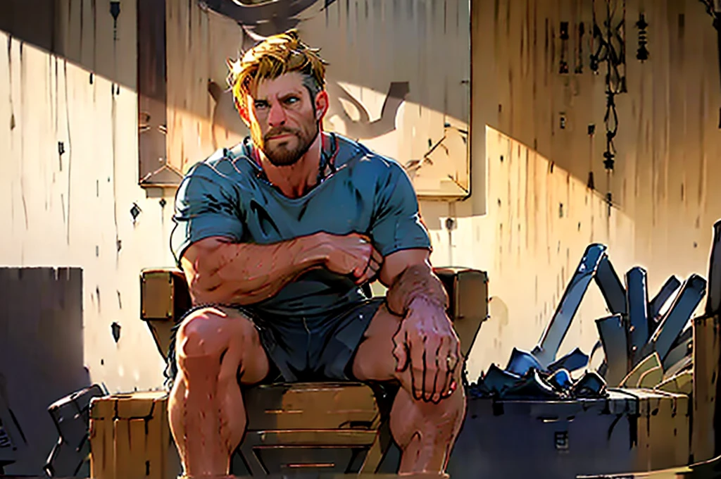 Produce an image with maximum quality and cinematic style portraying Thor in a humorous and relaxed way. Depict Thor sitting in an armchair, visibly relaxed and with an expression of fun on his face, as if he were slightly intoxicated. Place your hammer, Mjölnir, on a table next to it.