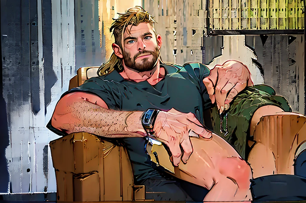 Produce an image with maximum quality and cinematic style portraying Thor in a humorous and relaxed way. Depict Thor sitting in an armchair, visibly relaxed and with an expression of fun on his face, as if he were slightly intoxicated. Place your hammer, Mjölnir, on a table next to it.