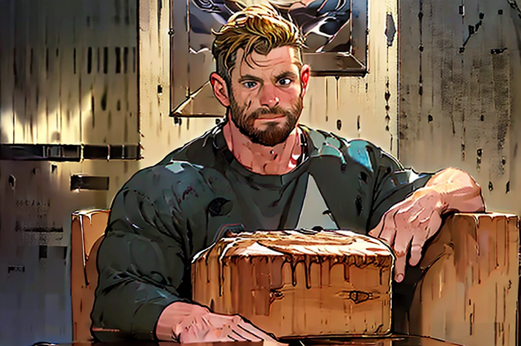 Produce an image with maximum quality and cinematic style portraying Thor in a humorous and relaxed way. Depict Thor sitting in an armchair, visibly relaxed and with an expression of fun on his face, as if he were slightly intoxicated. Place your hammer, Mjölnir, on a table next to it.