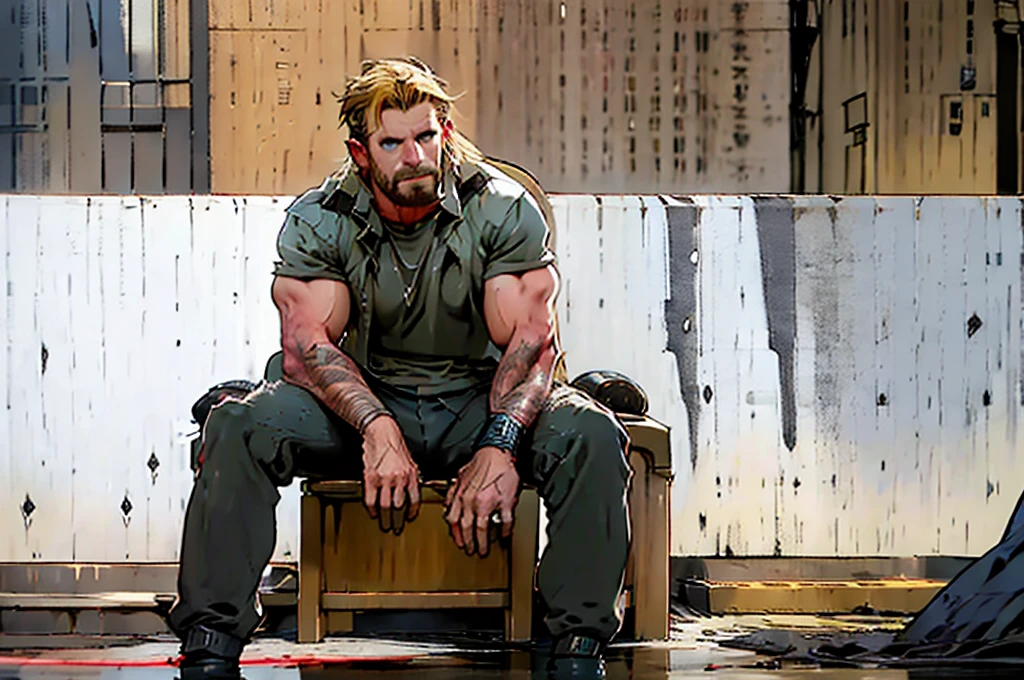 Produce an image with maximum quality and cinematic style portraying Thor in a humorous and relaxed way. Depict Thor sitting in an armchair, visibly relaxed and with an expression of fun on his face, as if he were slightly intoxicated. Place your hammer, Mjölnir, on a table next to it.