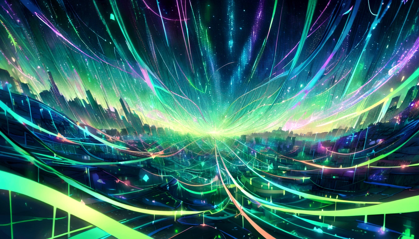 A vibrant digital network landscape with interconnected nodes and glowing data streams. The image should have a sense of motion and energy, with blue and green colors dominating the scene, symbolizing data flow and connectivity.