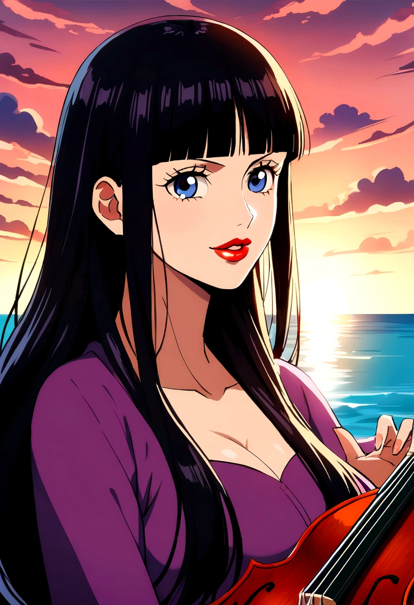 Close-up of a person with long hair and purple clothing, viola, viola from anime one piece, as an Anime characters, Perfect anime face, she has Black Hair with bangs, female Anime characters, Anime characters, Anime Best Girl, Hime cut hairstyle, Black Hair, (Red glossy lips:1.3), blue eyes, smile, Ocean Background, (Beautiful Face:1.3)