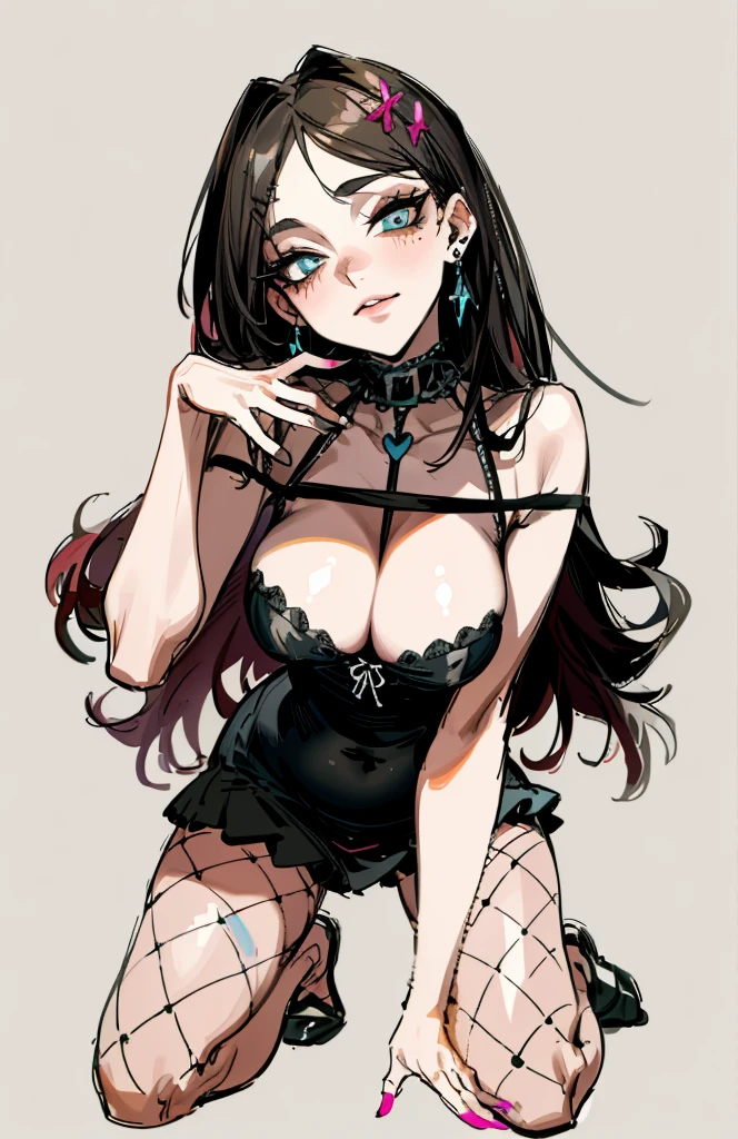 （best quality，masterpiece：1.2，detailed details，4K），((masterpiece)), ((best quality)), (ultra-detailed), anime style,large breast, slim, slender, ashamed,  ，Kneeling,Girl with modern gothic makeup, fair skin, long legs, black eyeshadow, Camisole, plump figure, earrings and lip studs, fishnet stockings, posing in an attractive pose, lovable expression，Pink hairpins