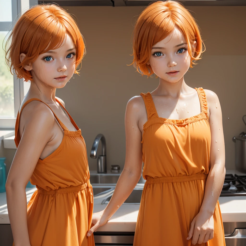(a baby , kitchen, sunny day, orange sundress, RAW, UHD, 8K, close up portrait:19.16, head, highly detailed face, stunning eyes, orange short hair, back towards camera, wet clothes, vibrant colors, warm sunlight)