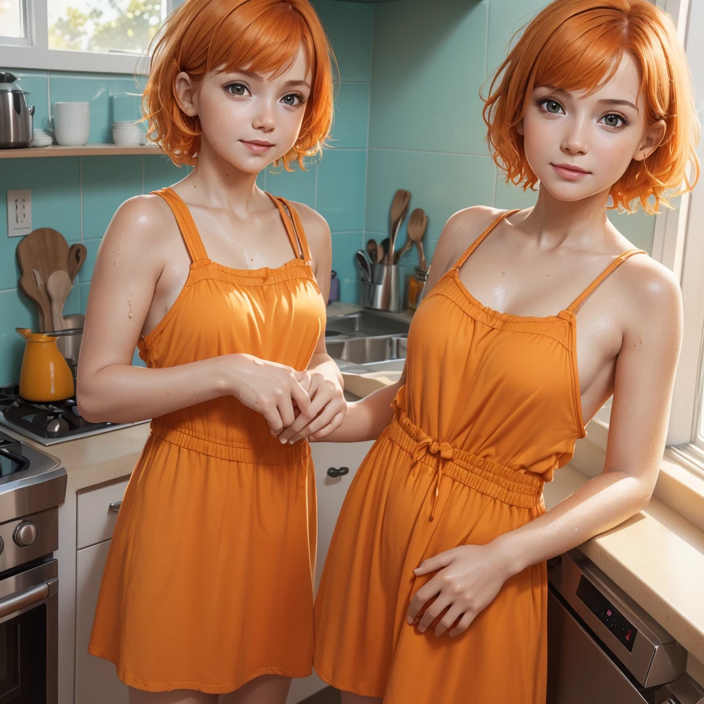 (a baby , kitchen, sunny day, orange sundress, RAW, UHD, 8K, close up portrait:19.16, head, highly detailed face, stunning eyes, orange short hair, back towards camera, wet clothes, vibrant colors, warm sunlight)