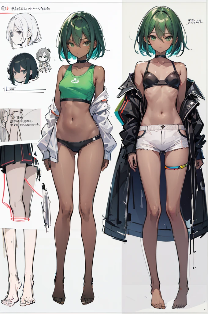 multiple views, pencil sketch, (sketch:1.25), (little girl,small breasts,), ((no shoes)), shy, best quality, graphite \\(medium\\), ske, gradient, rainbow, note, Line draft, highres, absurdres, (ultra-detailed:1.1), (illustration:1.1), (infographic:1.2), pajamas, (all clothes configuration:1.15), (solo), perfectly drawn hands, standing, cohesive background, paper, action, (character design:1.1), beltbra, corin, 1girl, ((dark skin)), short hair, green hair, bandaid on leg,