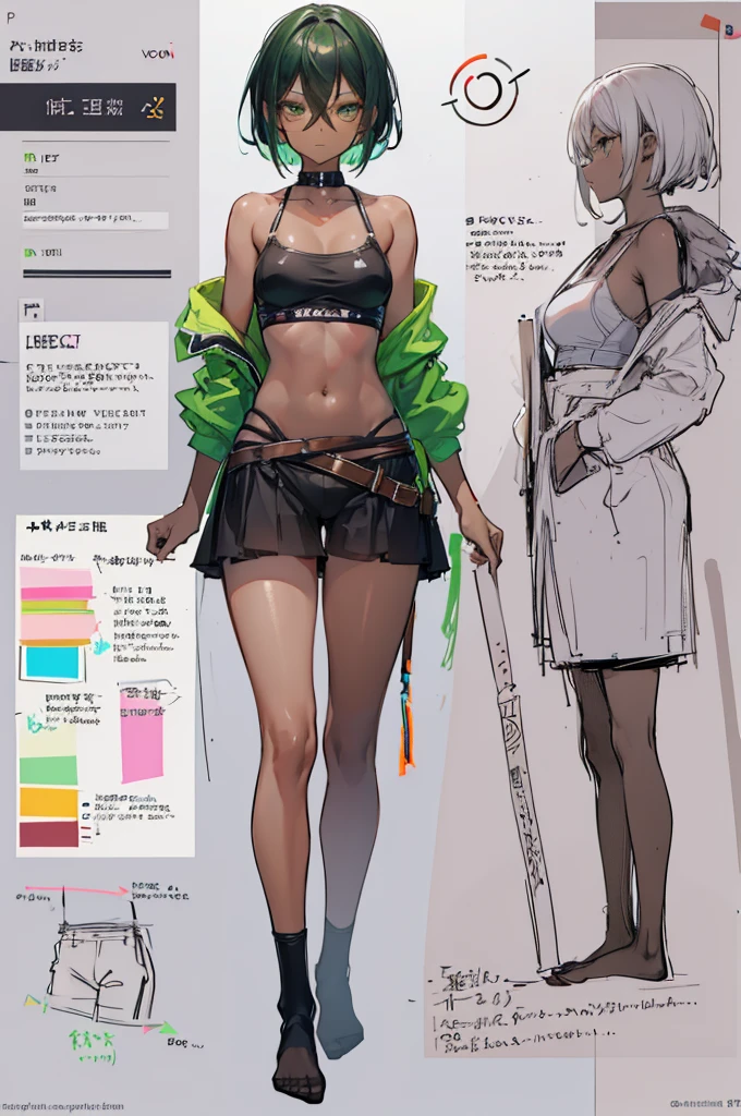 multiple views, pencil sketch, (sketch:1.25), (little girl,small breasts,), ((no shoes)), shy, best quality, graphite \\(medium\\), ske, gradient, rainbow, note, Line draft, highres, absurdres, (ultra-detailed:1.1), (illustration:1.1), (infographic:1.2), pajamas, (all clothes configuration:1.15), (solo), perfectly drawn hands, standing, cohesive background, paper, action, (character design:1.1), beltbra, corin, 1girl, ((dark skin)), short hair, green hair, bandaid on leg,