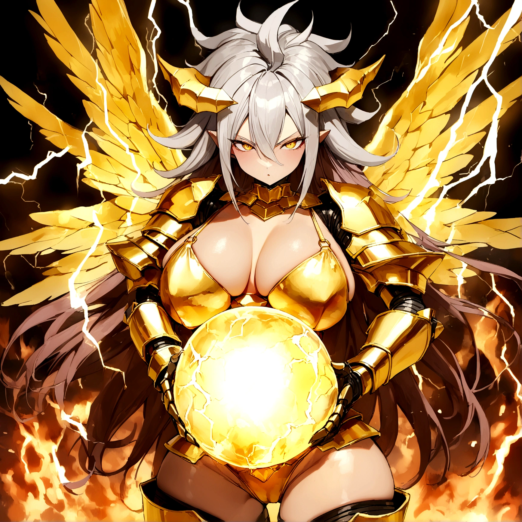 ((Lightning Power)), ((Electricity)), ((Fire Background)), ((Lightning Storm)), ((Power Erupting)), (((((android 21))))), (((Evil Power))), (((white Coat))), (((Busty))), (((((Big breast:1,3)))), luxury bustier corset, (((silver hair))), (((Very slim waist))), propotional body, ((Gorgeous)), (((Fire Blazing Horns))), ((((gold wings))), masterpiece, hyperdetail, ambient effect, digital effect, (((Fire Gold Bikini Armor))), (((Lightning Gold Wings))), ((((Gigantic Rasengan))))