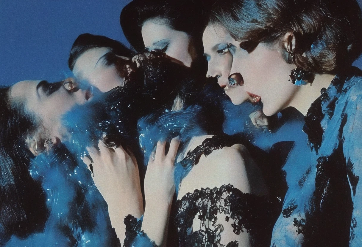 film photography, vintage, fashion shoot of horror, blue background