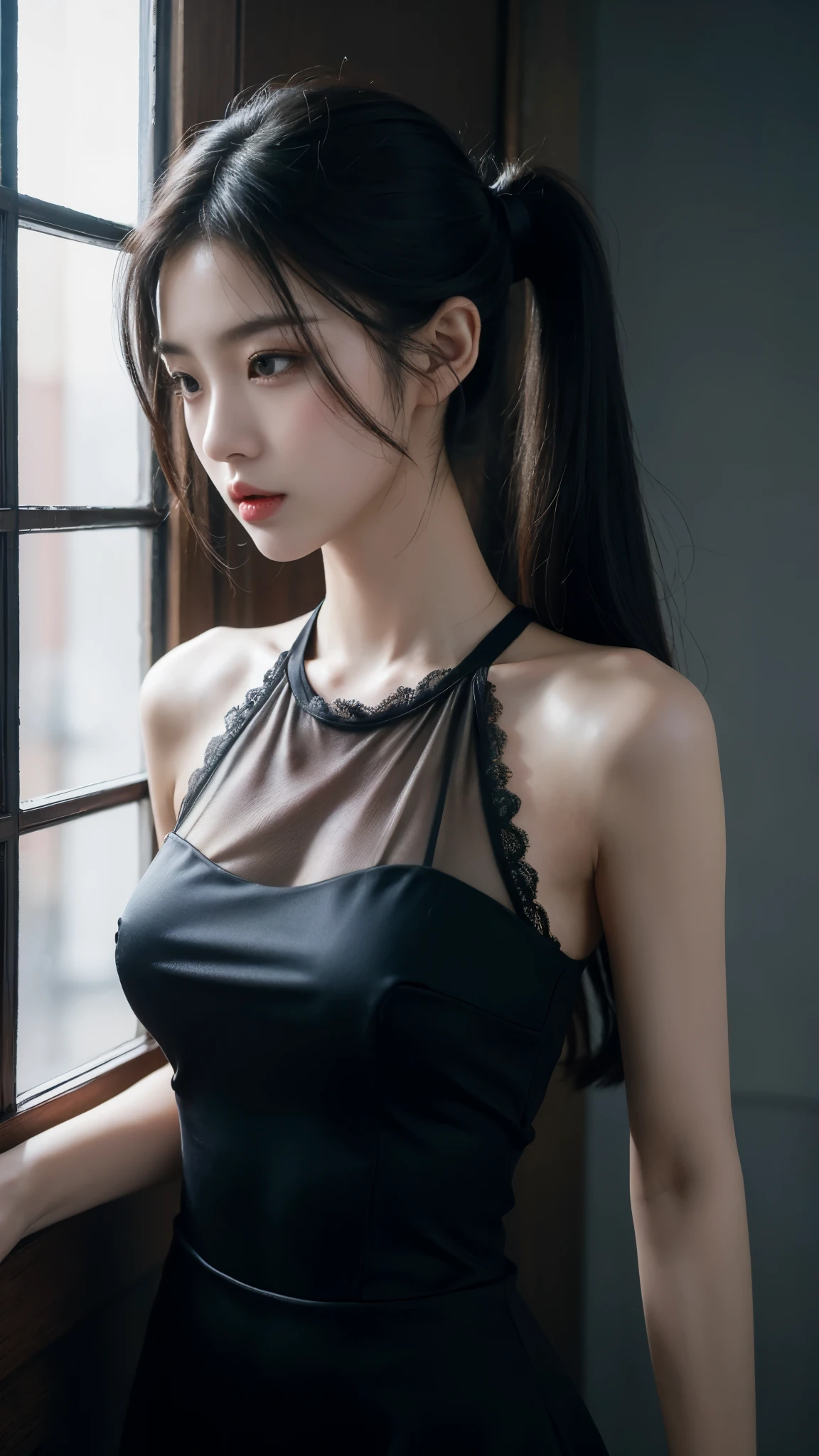 korean model , slim body , 167cm ,Movie Angle,long black ponytails hairstyle, (Cute girl,anatomy correct, see-through lace dress,( art,geomerty),(plethora of colorest quality,high detal,tmasterpiece,Cinematic lighting effects,4K,Chiaroscuro)