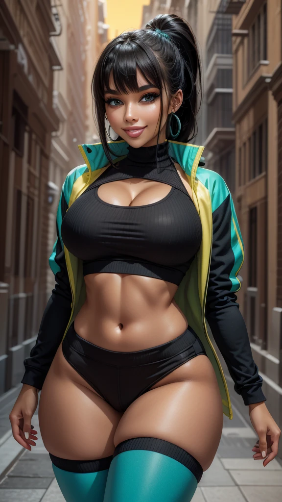 snowy landscape, straight body woman, slim, fit, light-skinned woman, dark hair, ponytail, ski jacket, , navel, abdominal lines, close-up, bright green eyes, vibrant colors, teal jacket and yellow, ski pants, (((rich textures))), ((extremely detailed)), ((more details)), (((masterpiece))), (((best quality))), (effects magical ), (glow), (((saturated colors))), (bright colors), (vivid colors), rpgcardstyle, ((curvy)), tight-fitting clothing, smile, UHDR, Posing variant,