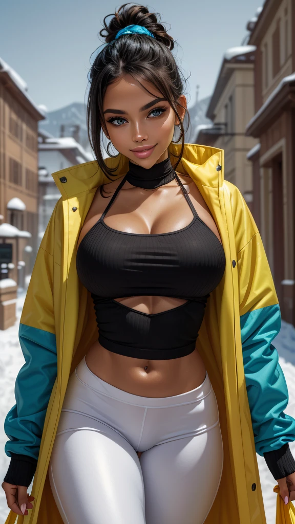 snowy landscape, straight body woman, slim, fit, light-skinned woman, dark hair, ponytail, ski jacket, open jacket, navel, abdominal lines, close-up, bright green eyes, vibrant colors, teal jacket and yellow, ski pants, (((rich textures))), ((extremely detailed)), ((more details)), (((masterpiece))), (((best quality))), (effects magical ), (glow), (((saturated colors))), (bright colors), (vivid colors), rpgcardstyle, ((curvy)), tight-fitting clothing, smile, UHDR, Posing variant,