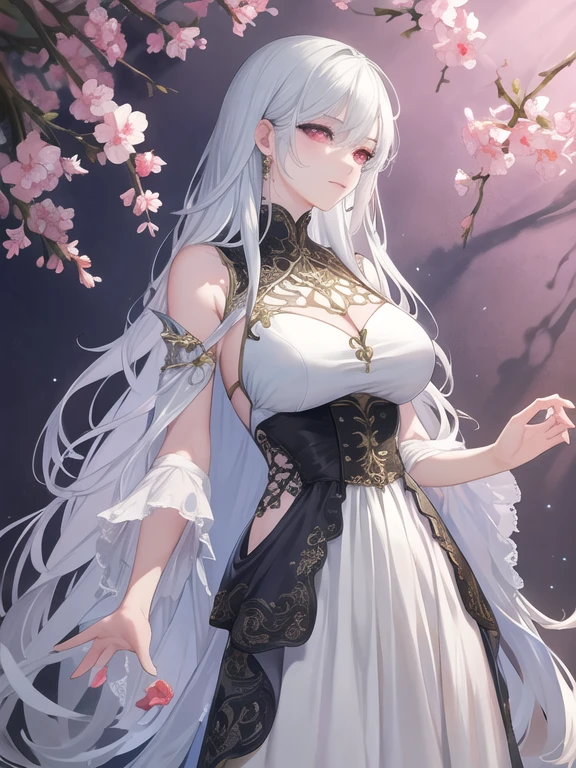 Emilia princess from Re:Zero kara Hajimeru Isekai Seikatsu, mighty half elf, ((gorgeous white and purple elegant silk dresses, veil, silver necklace, diamond ring, flower earring, belt, collar, silk long sleeves)), grace hair style, garden background, ((perfect body shape, medium breast, empress and forzen aura, flower and feather flying effect, clean detailed skin, silver and light purple pupil, blush)), best quality anime 16k quality, extreme eye and body detail, spiral energetic girl, spirit around, high resolution , masterpieces, ultra lighting, starlight, close-up, creative, radiant, scale up, shame