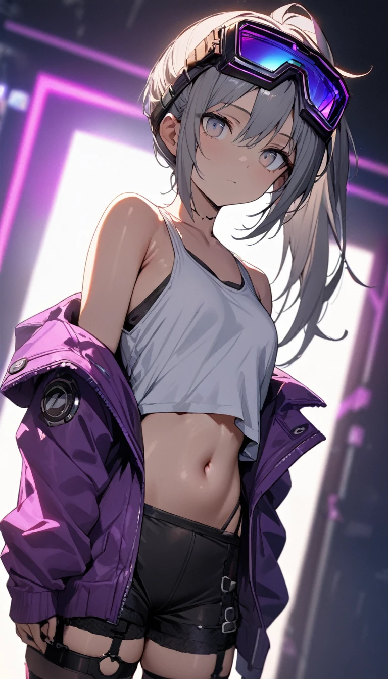 a handsome girl, solo,
gray hair, pony tail, gray eyes,(bright eyes:1.2), cyber punk purple jacket, white tank top, goggles on head, [navel], off shoulder, open jacket, black shorts, garter rings, expressionless, blurry background, perfect lighting, 
perfect angle, masterpiece, best quality, extremely detailed face,