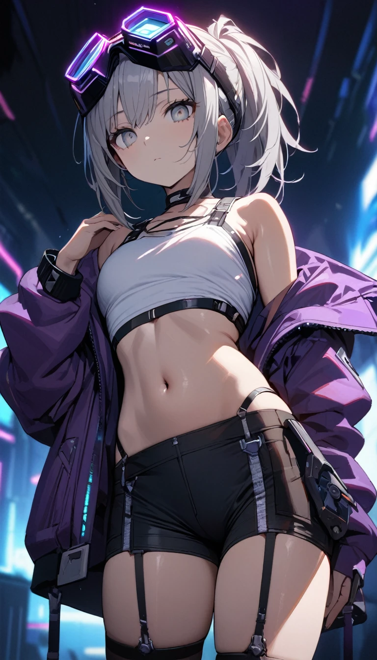 a handsome girl, solo,
gray hair, pony tail, gray eyes,(bright eyes:1.2), cyber punk purple jacket, white tank top, goggles on head, [navel], off shoulder, open jacket, black shorts, garter rings, expressionless, blurry background, perfect lighting, 
perfect angle, masterpiece, best quality, extremely detailed face,