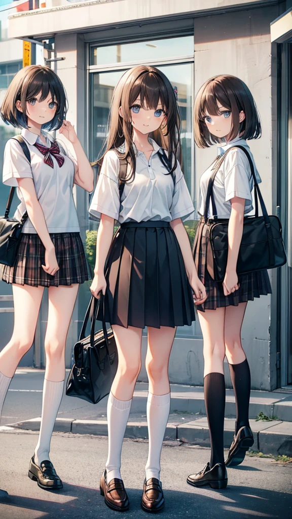 long hair, looking at viewer, smile, bangs, blue eyes, multiple girls, skirt, brown hair, shirt, black hair, short sleeves, brown eyes,  long hair, standing, white polo shirt, pleated skirt, , shoes, socks, striped, collared shirt, hand up, (3girls:1.3), bag, kneehighs, plaid skirt, brown footwear, flying sweatdrops, loafers, grey skirt, school bag, diagonal stripes, (ride on bicycle :1.3)