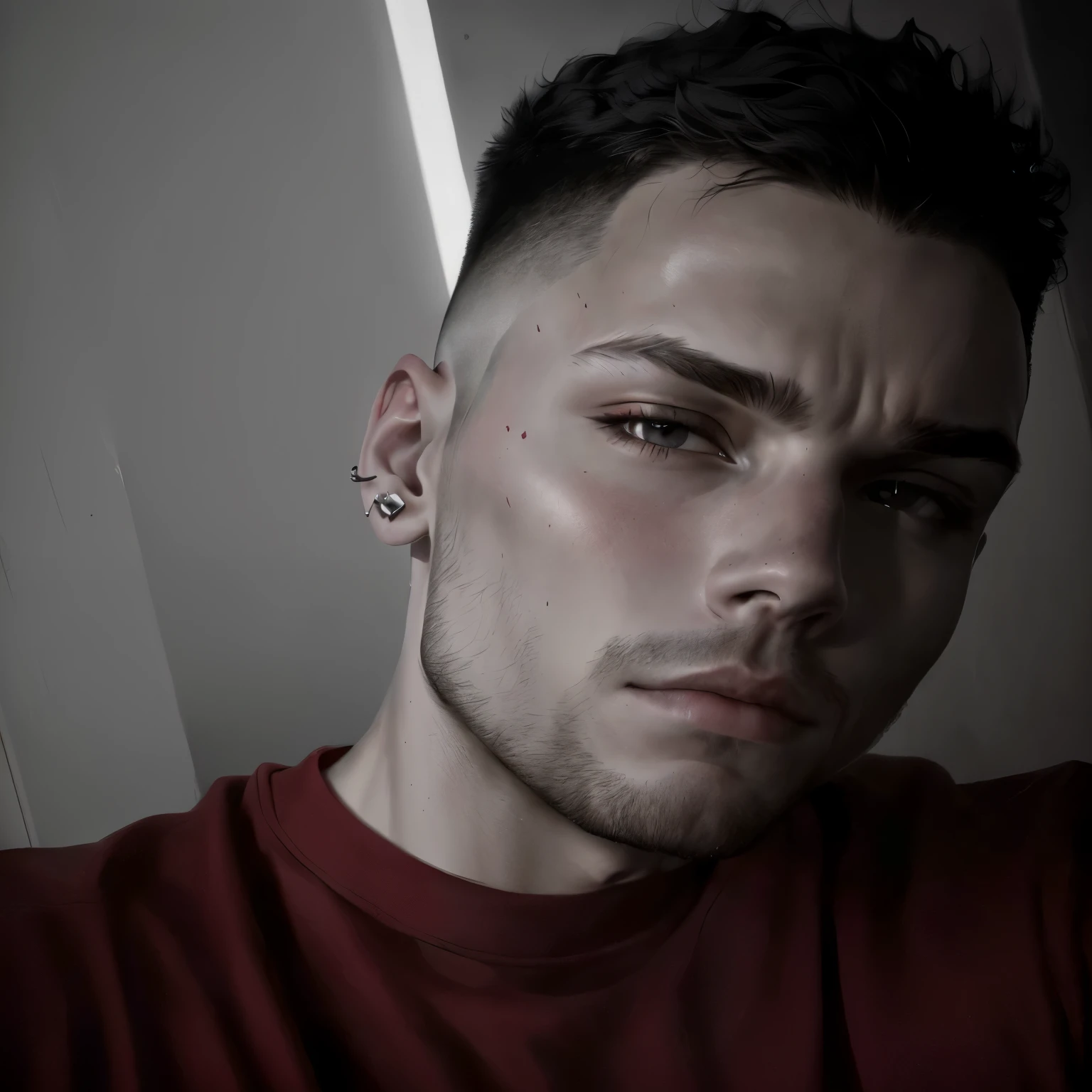 fit man with a red shirt and ear piercings, looking at the camera, desaturated!!, low quality photograph, 8K portrait photo, half body head shot, very low quality image, piercing look, 8k selfie photograph, desaturated!, Serious and sad look in your eyes, wide shaved and clean face, looking to the side of the camera