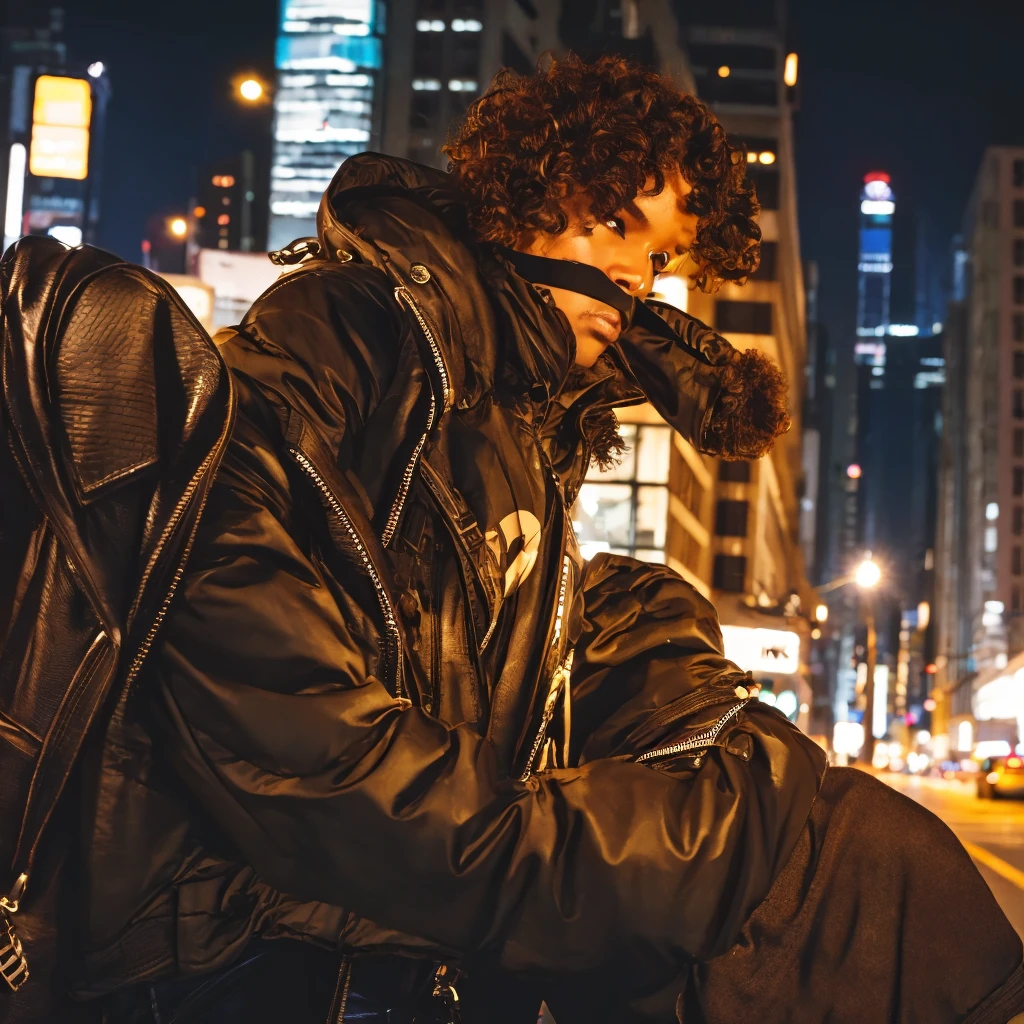 Curly brown hair, bun, dark skin, black eyes, streetwear fashion, smug, fight scene, city, nightime