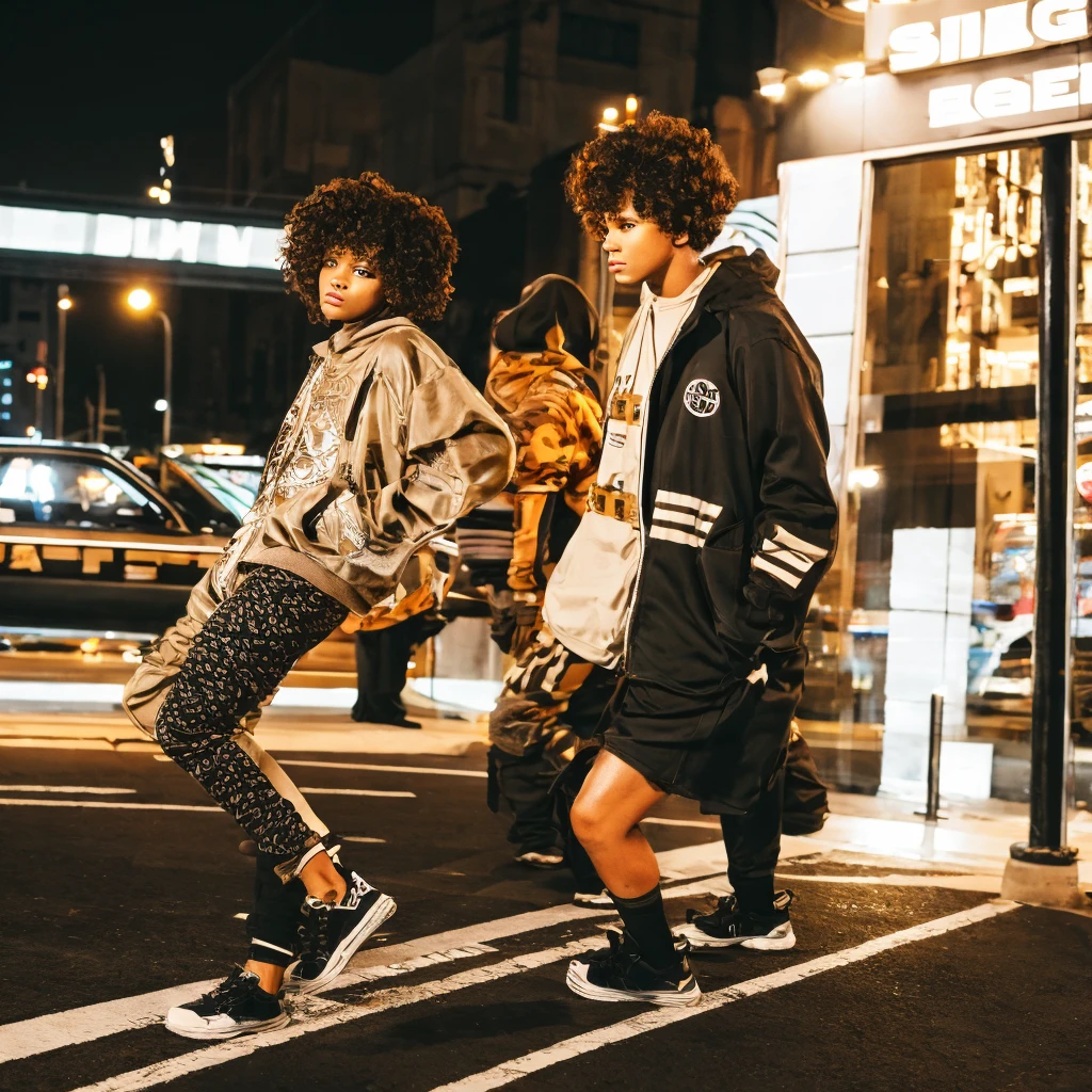 Curly brown hair, bun, dark skin, black eyes, streetwear fashion, smug, fight scene, city, nightime