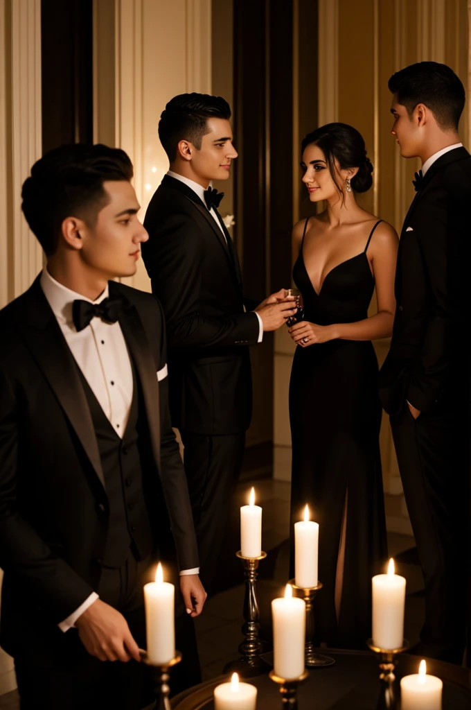 party,beautiful women in black evening dresses and men in elegant suits,standing talking to each other,soft candle light is burning,