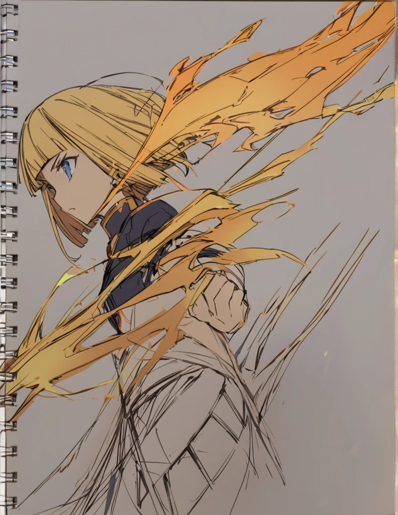 A girl fighting with golden flames(Sketches), (Open Close), (Small body), (Blonde:1.5） (Short Bob Hair:1.4), (Blue eyes)(Blunt bangs:1.3)
